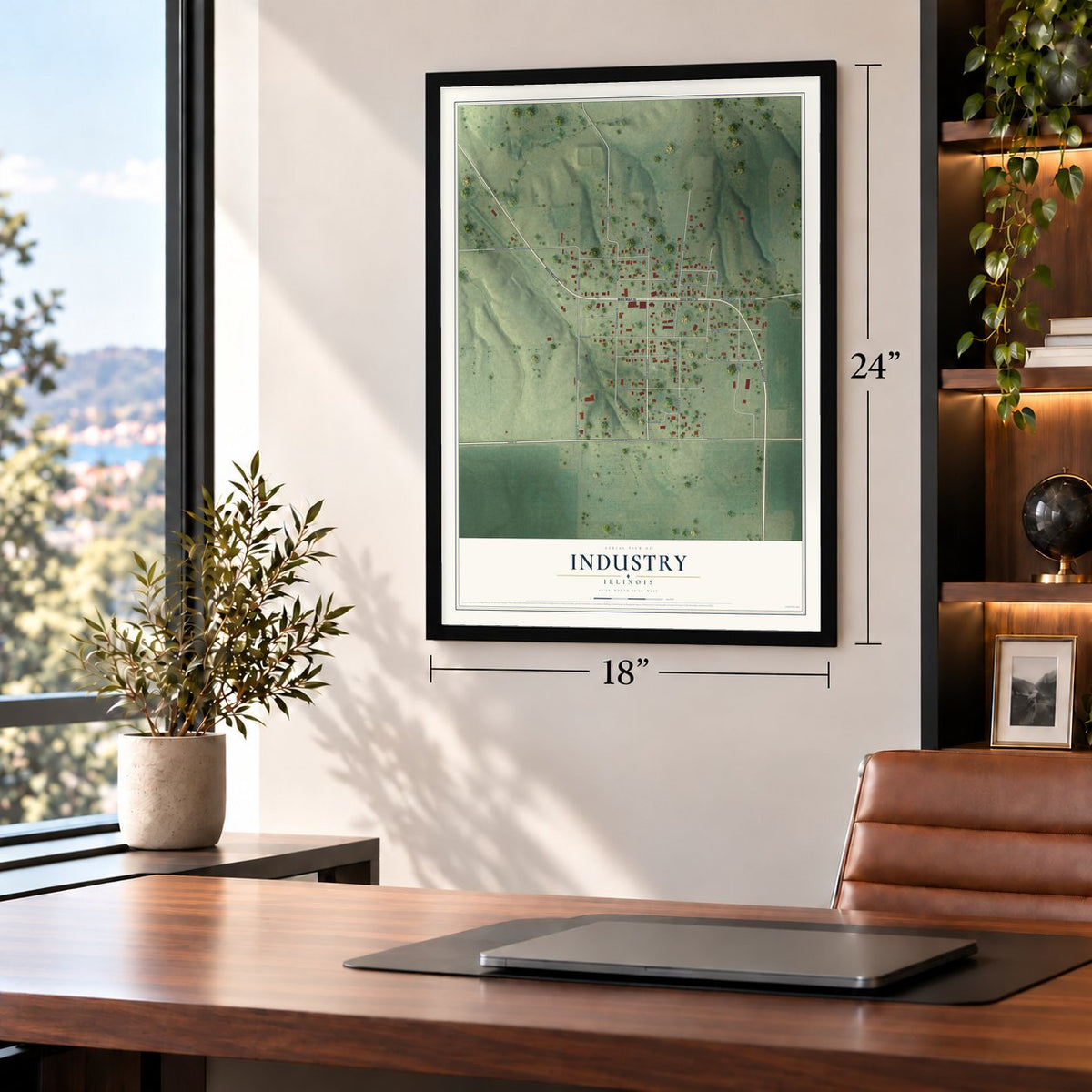 Industry, Illinois map, 18 x 24 inch print in a black frame in a home office