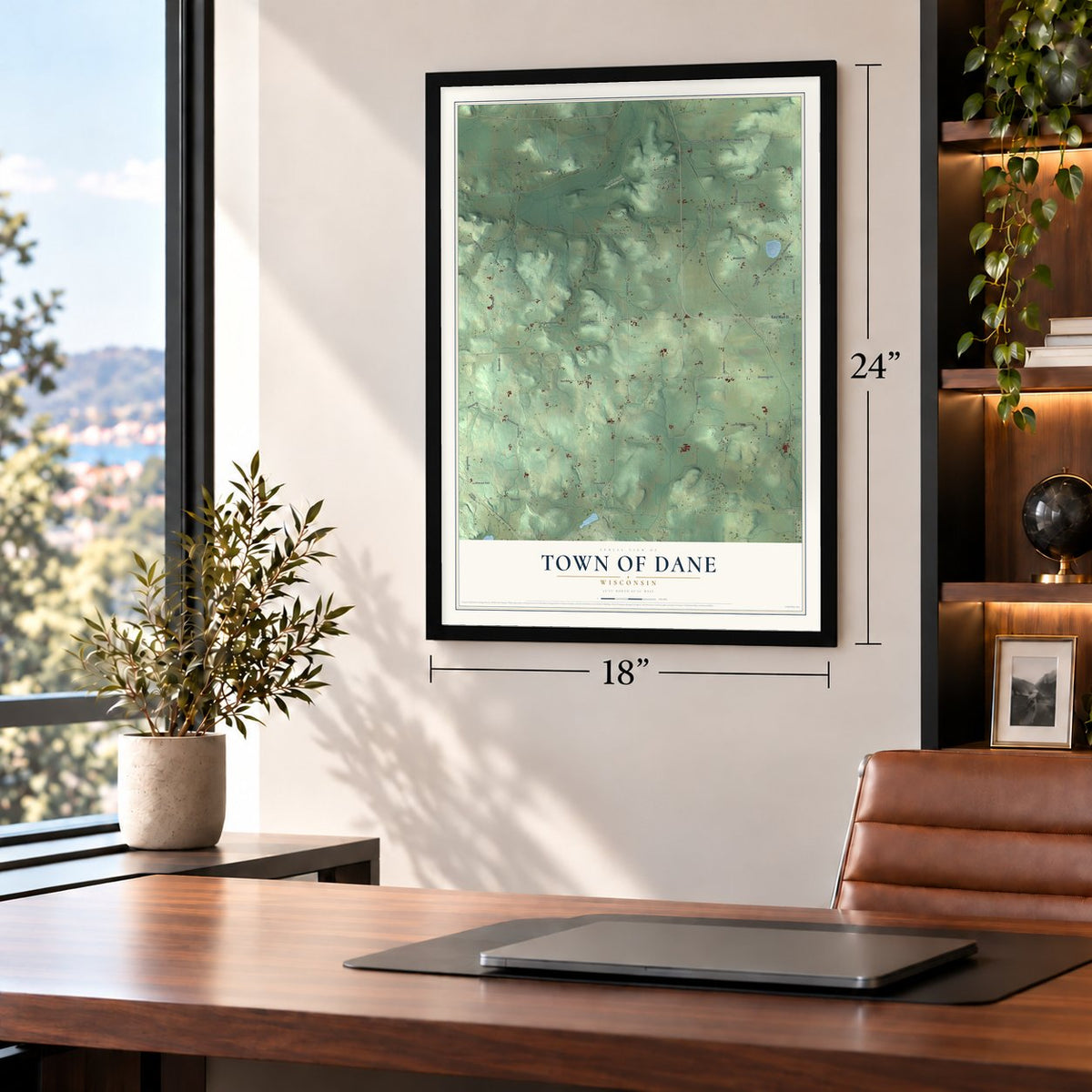 Town of Dane, Wisconsin map, 18 x 24 inch print in a black frame in a home office
