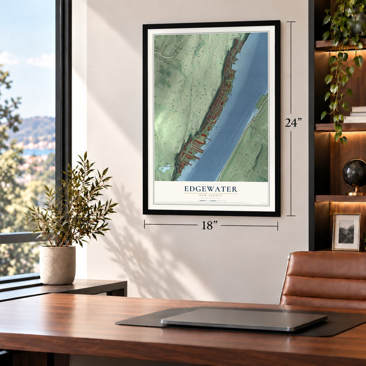 Edgewater, New Jersey map, 18 x 24 inch print in a black frame in a home office