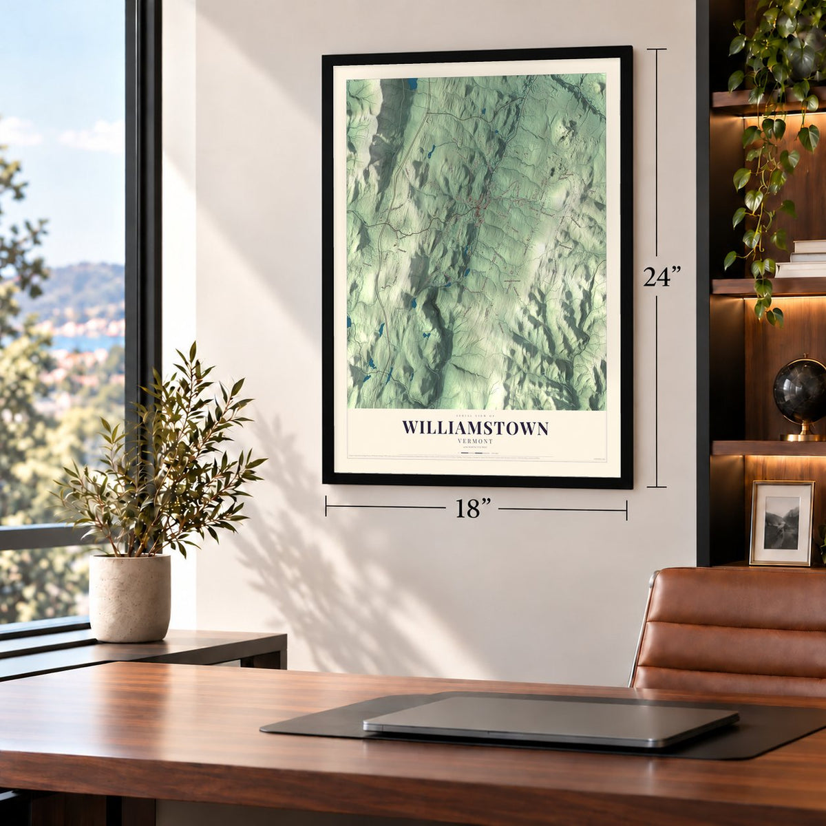 Williamstown, Vermont map, 18 x 24 inch print in a black frame in a home office