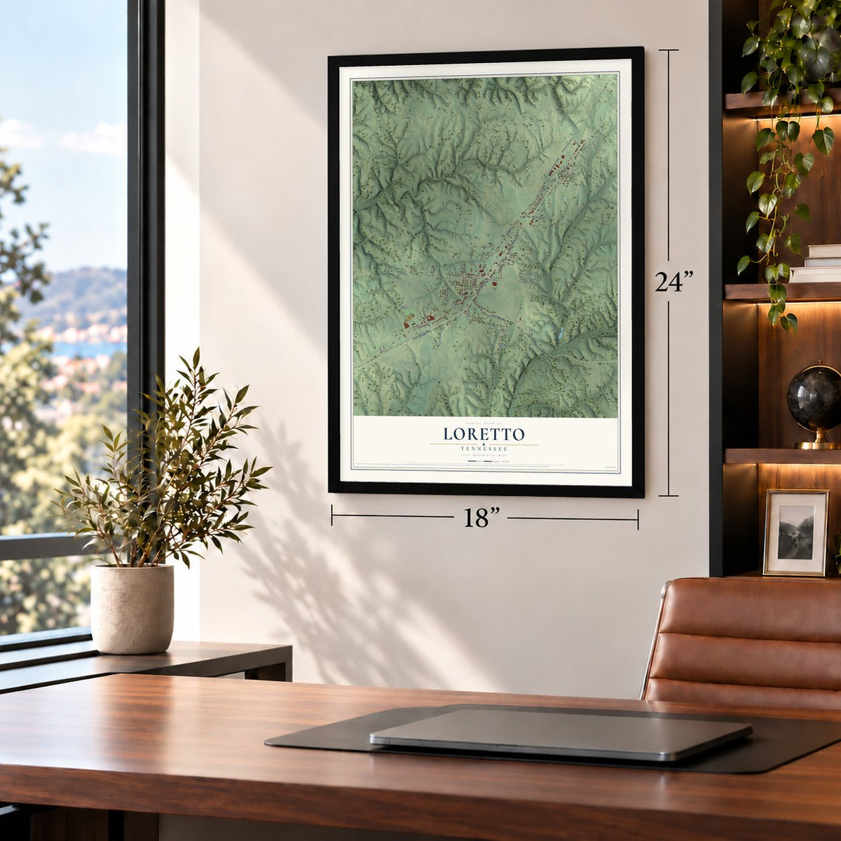 Loretto, Tennessee map, 18 x 24 inch print in a black frame in a home office