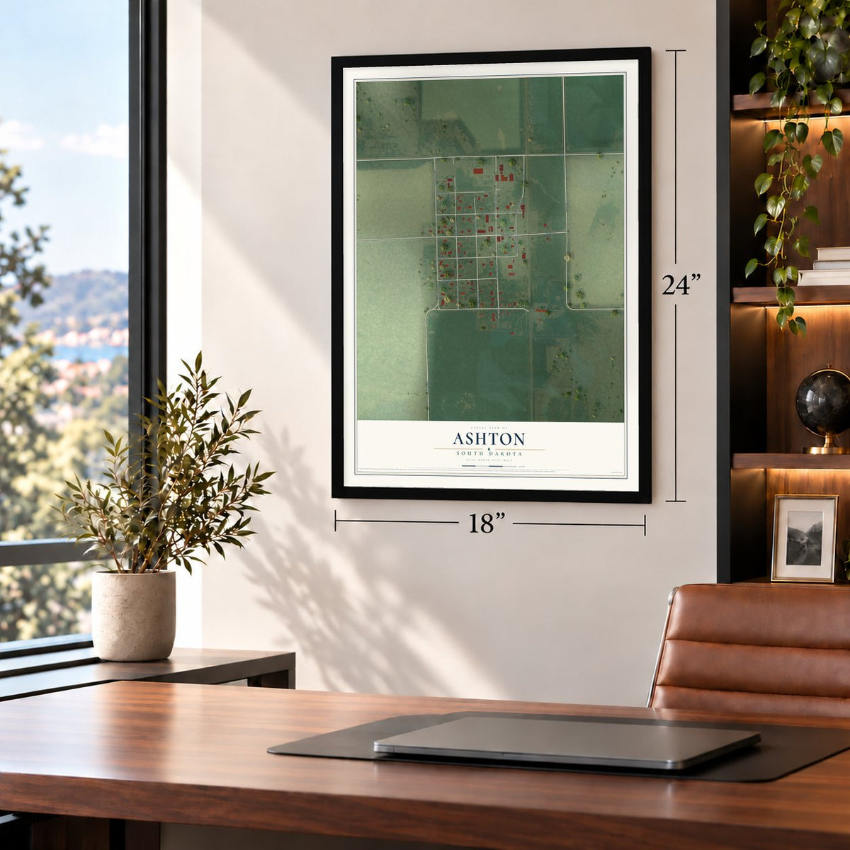 Ashton, South Dakota map, 18 x 24 inch print in a black frame in a home office