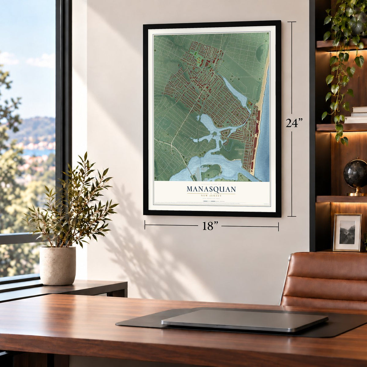 Manasquan, New Jersey map, 18 x 24 inch print in a black frame in a home office
