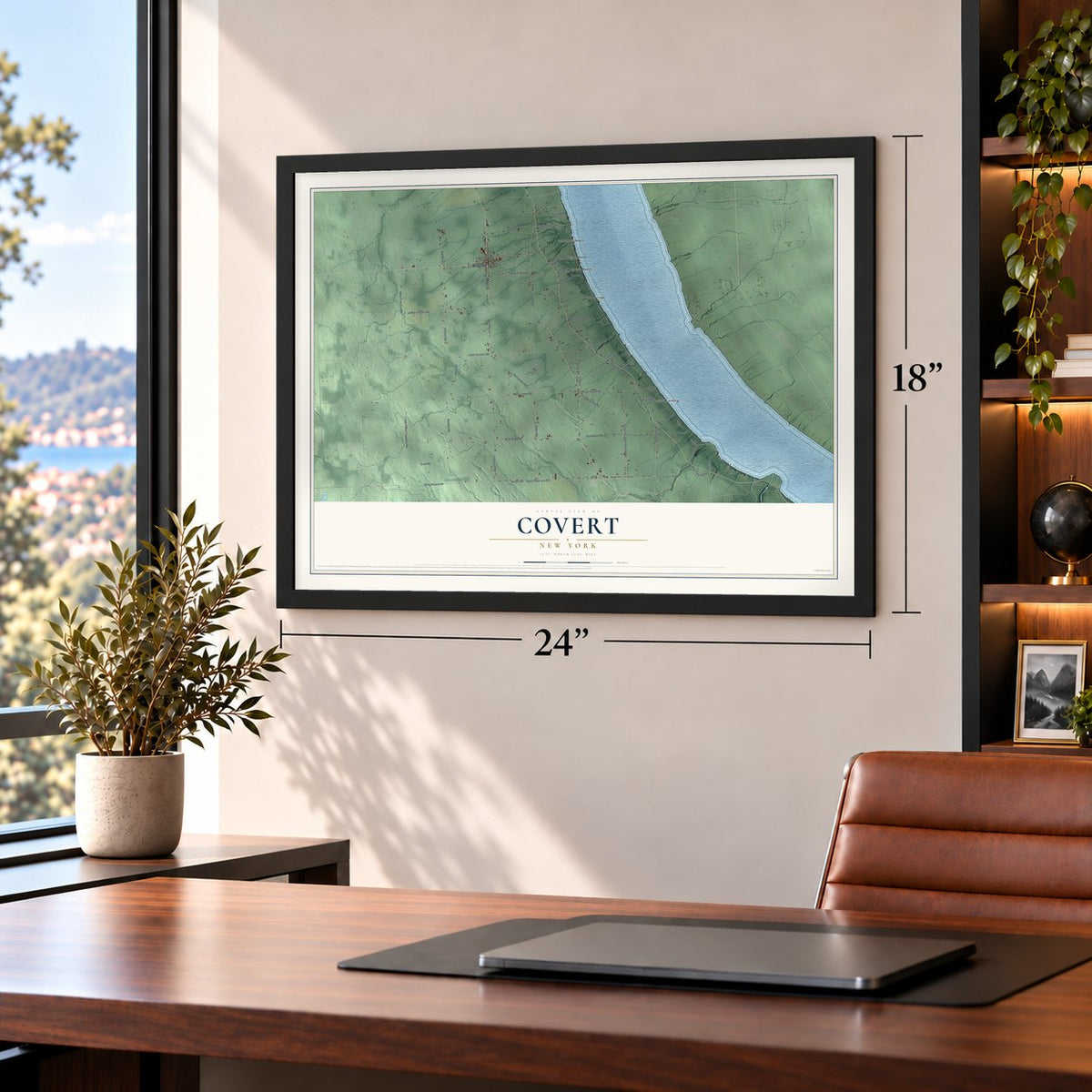 Covert, New York map, 18 x 24 inch print in a black frame in a home office