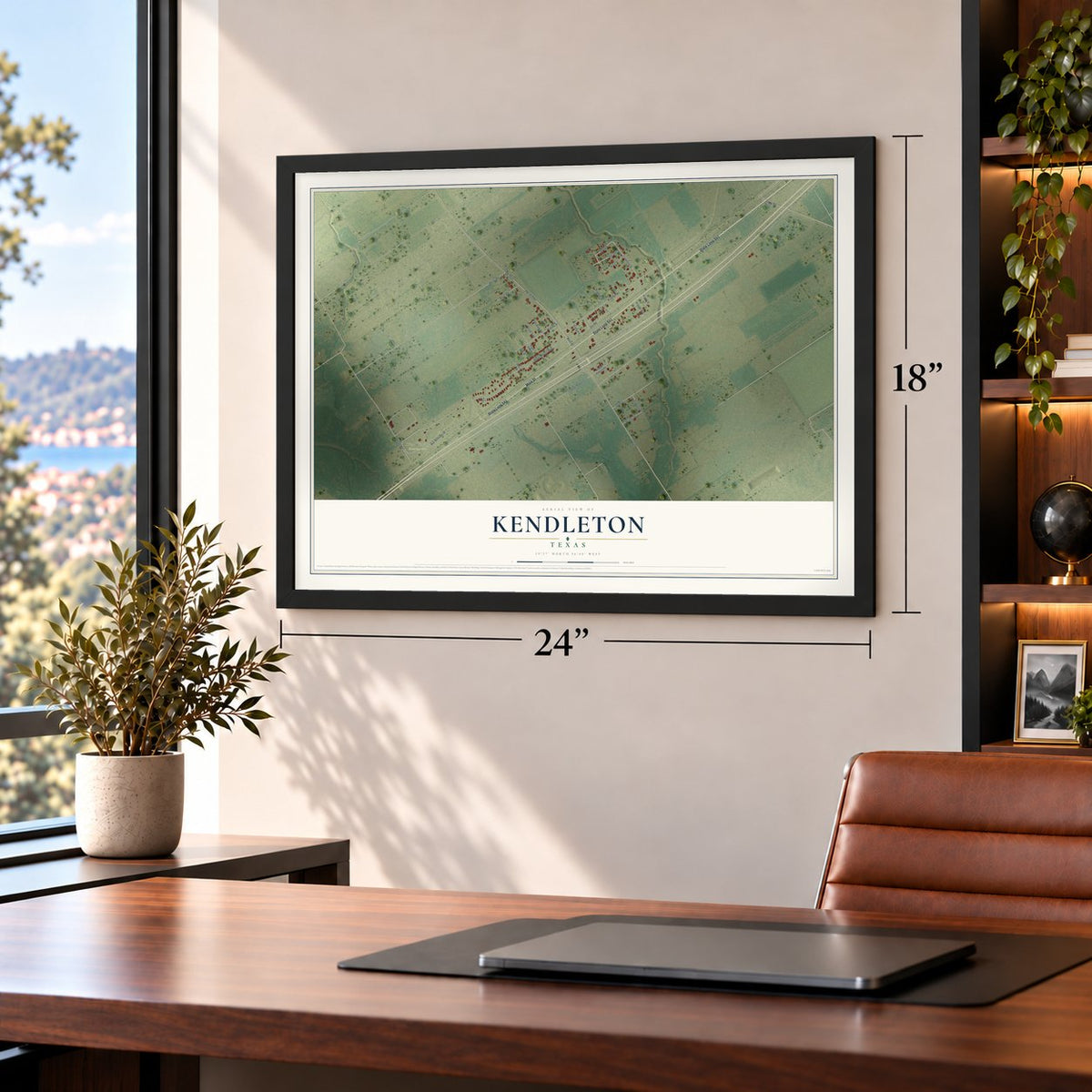 Kendleton, Texas map, 18 x 24 inch print in a black frame in a home office