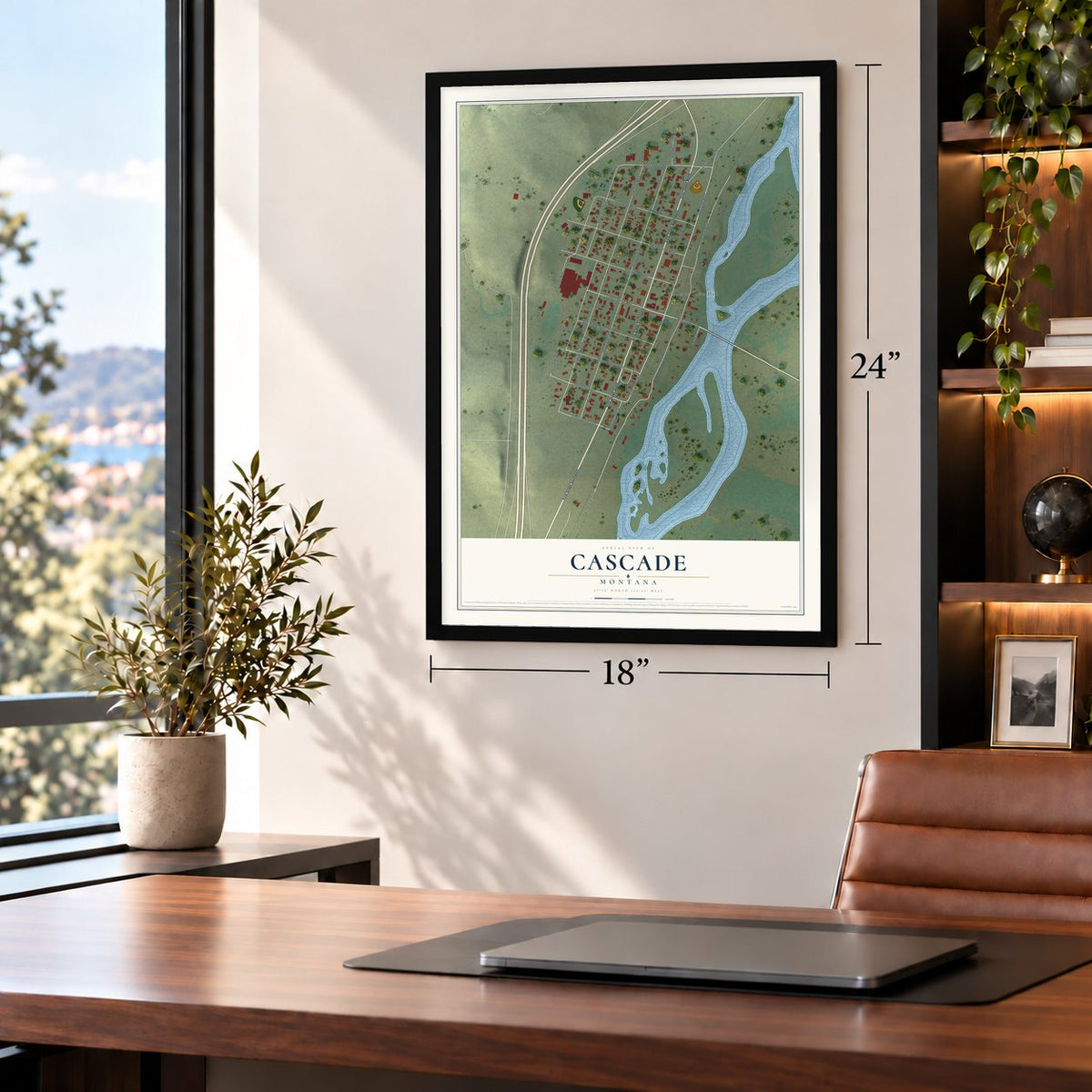 Cascade, Montana map, 18 x 24 inch print in a black frame in a home office