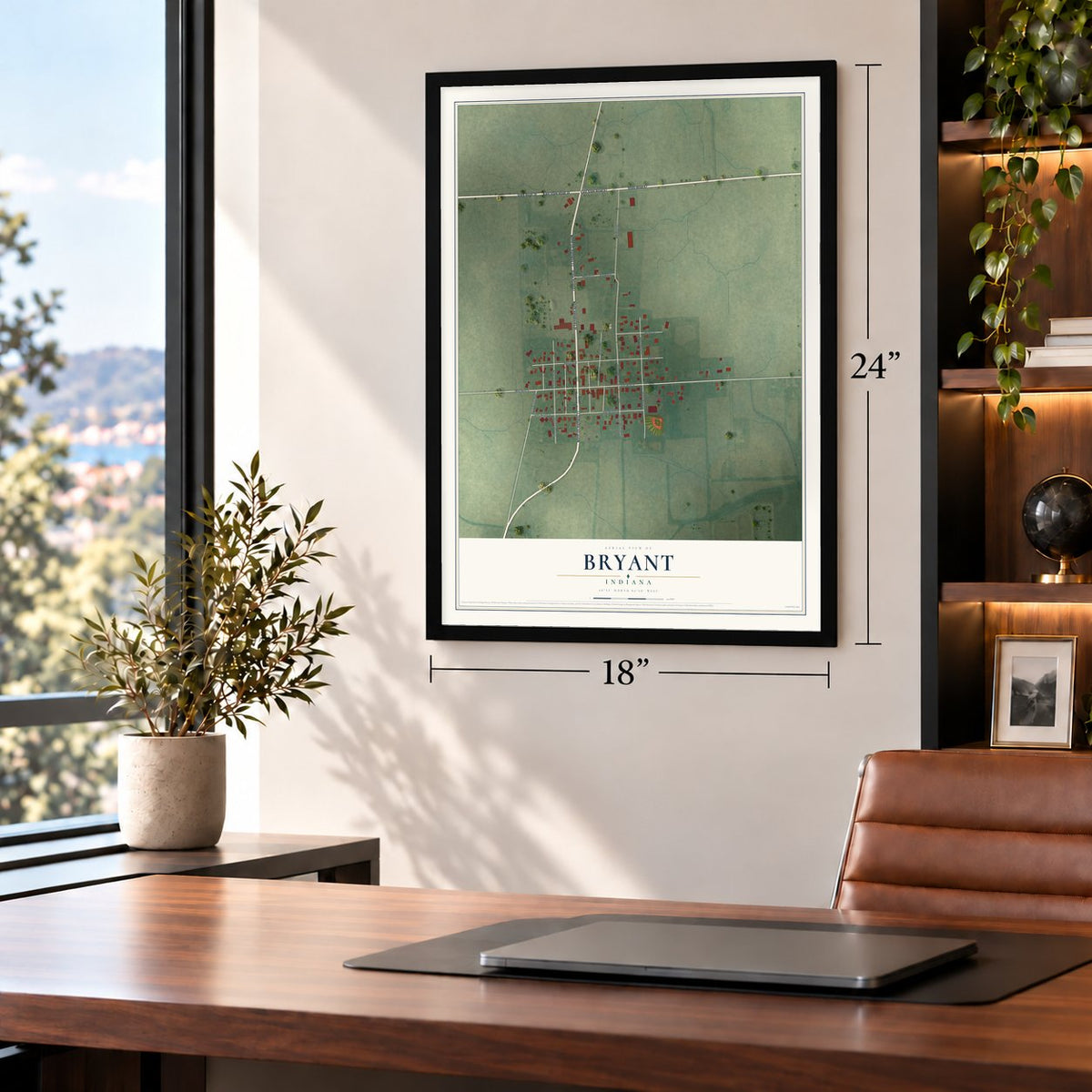 Bryant, Indiana map, 18 x 24 inch print in a black frame in a home office