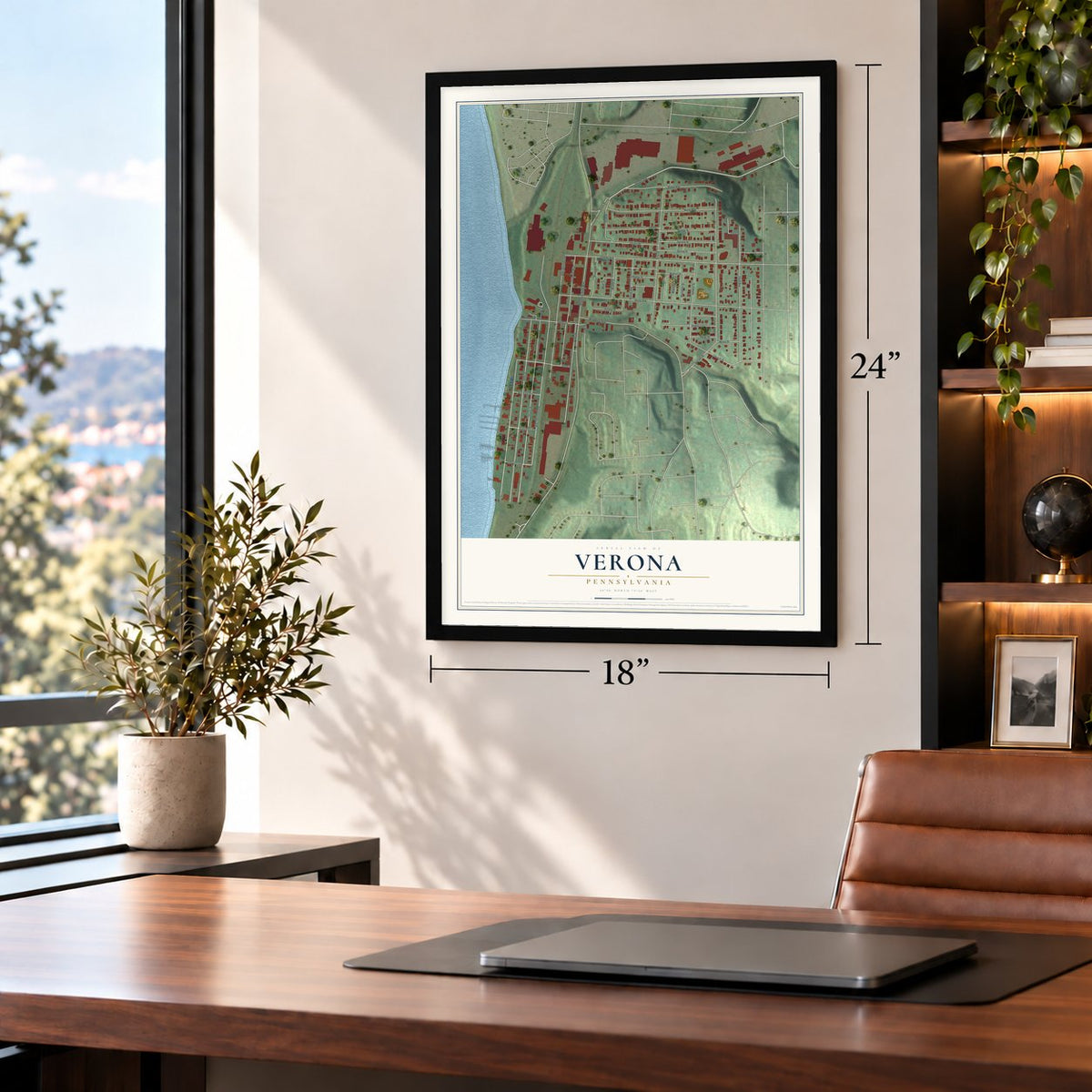 Verona, Pennsylvania map, 18 x 24 inch print in a black frame in a home office