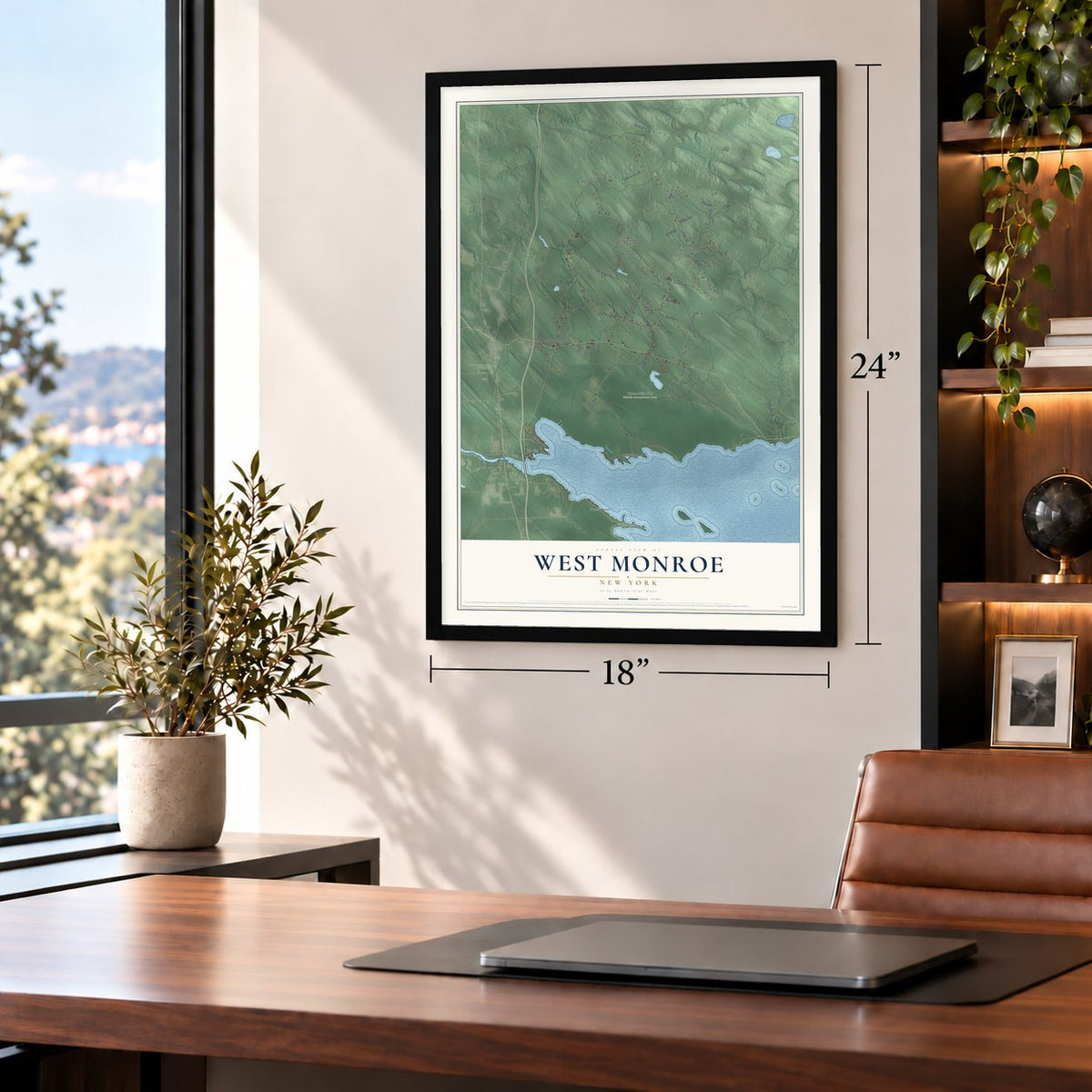 West Monroe, New York map, 18 x 24 inch print in a black frame in a home office