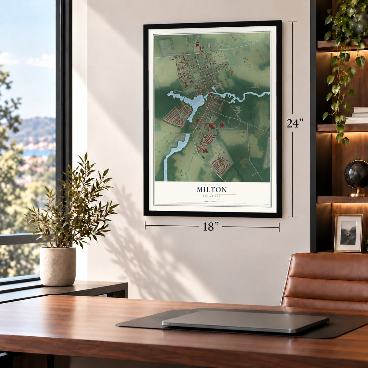 Milton, Delaware map, 18 x 24 inch print in a black frame in a home office