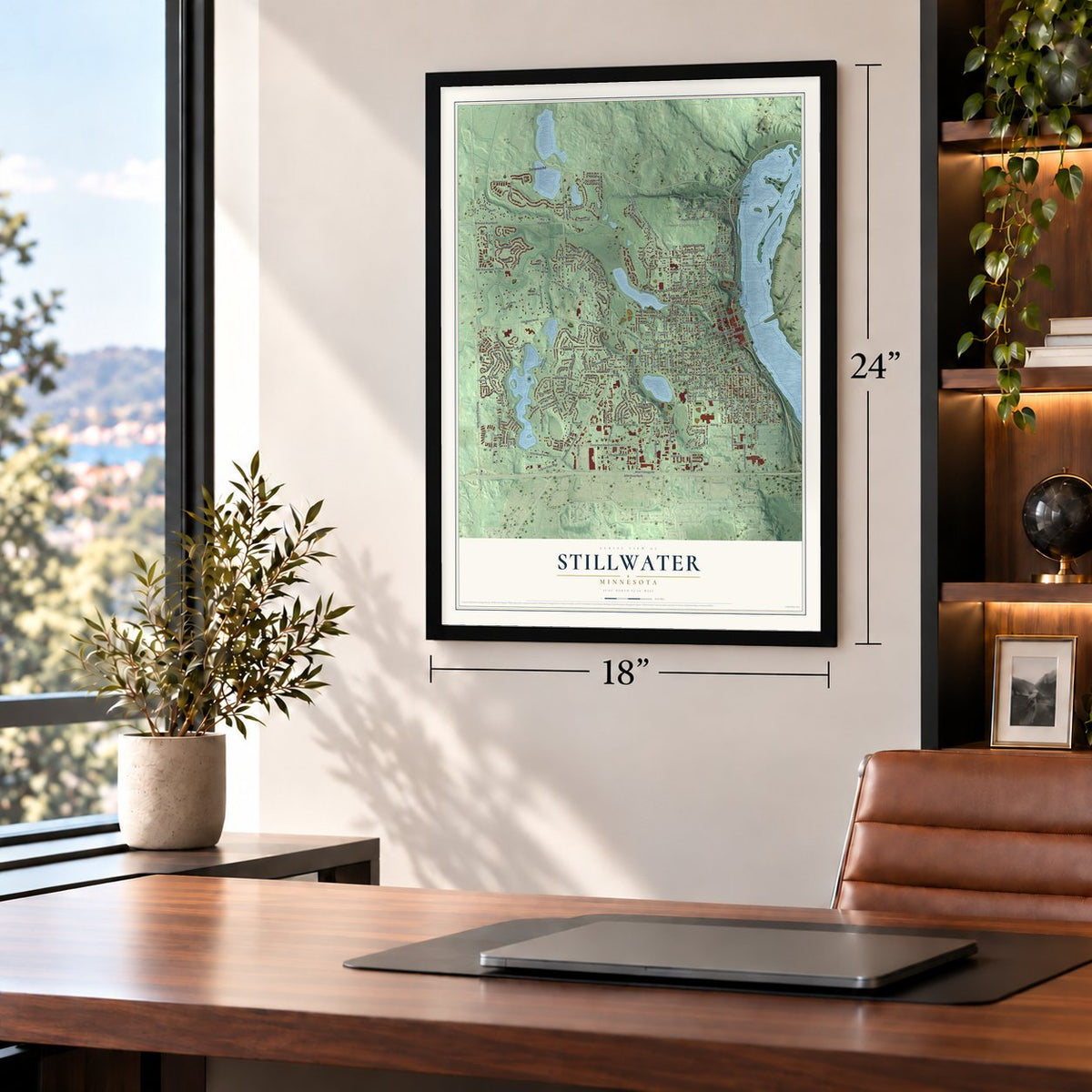 Stillwater, Minnesota map, 18 x 24 inch print in a black frame in a home office