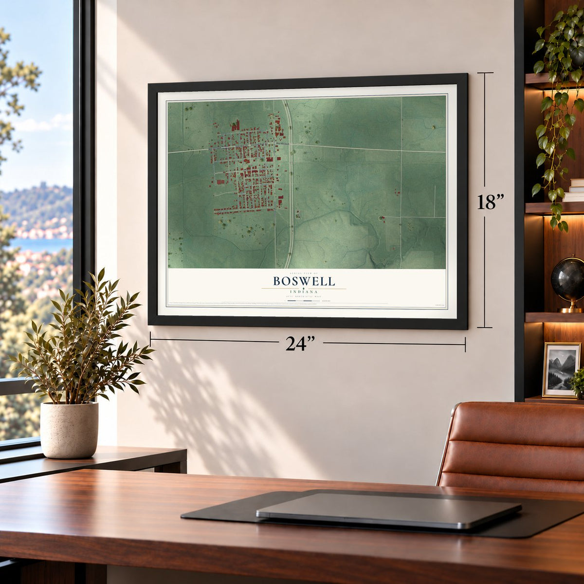 Boswell, Indiana map, 18 x 24 inch print in a black frame in a home office