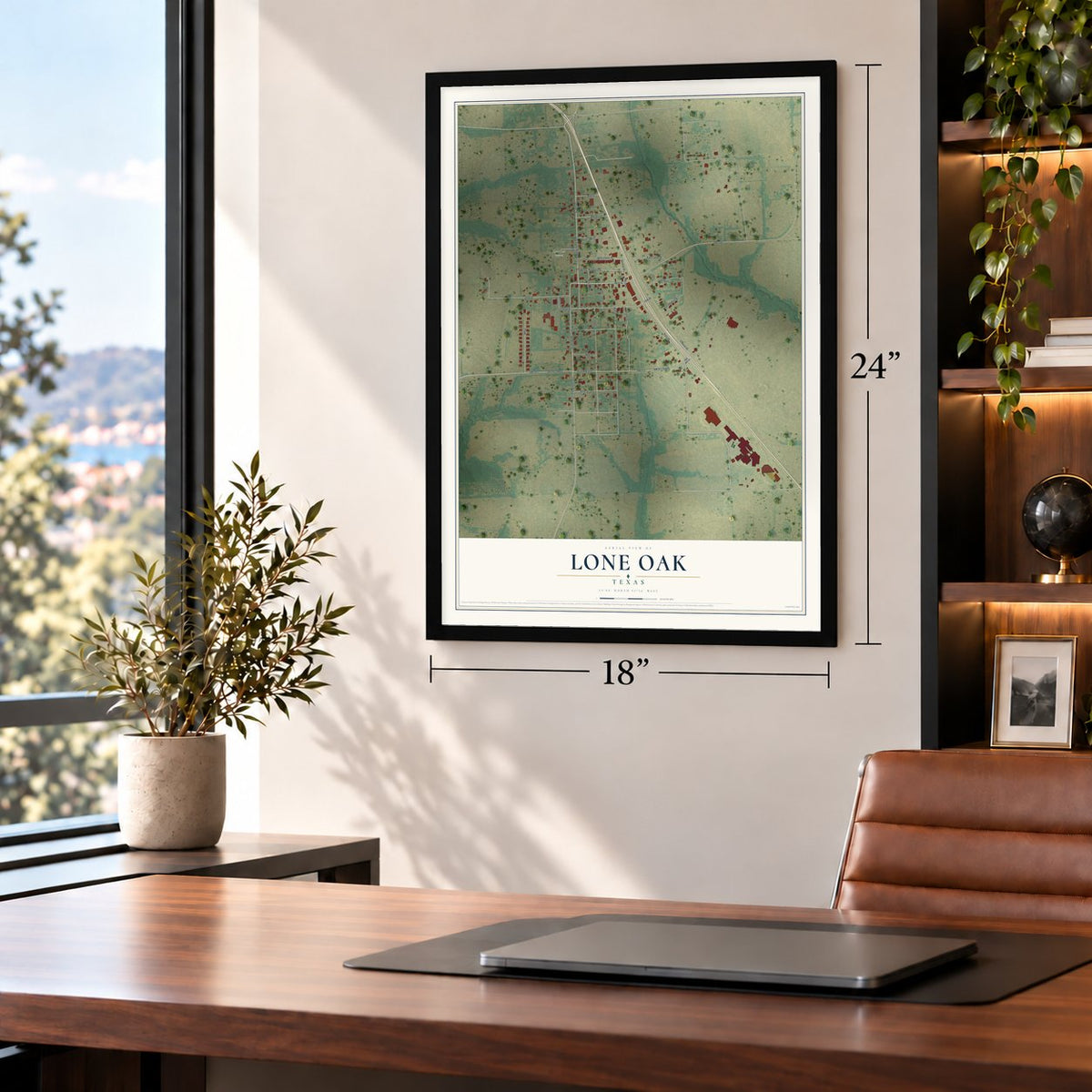 Lone Oak, Texas map, 18 x 24 inch print in a black frame in a home office