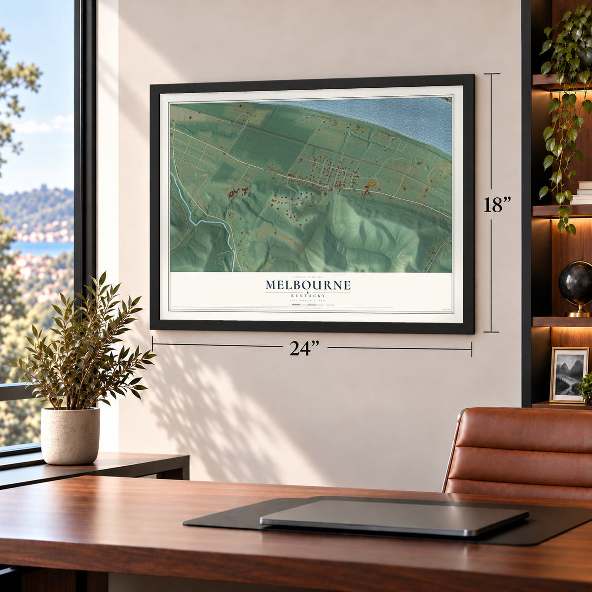 Melbourne, Kentucky map, 18 x 24 inch print in a black frame in a home office