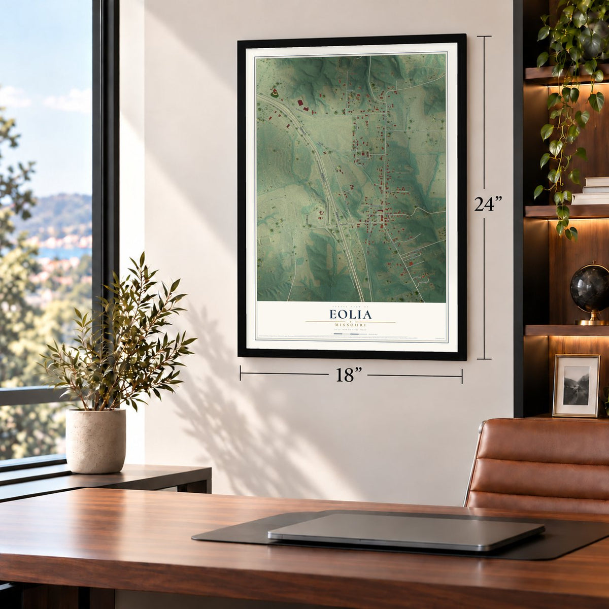 Eolia, Missouri map, 18 x 24 inch print in a black frame in a home office
