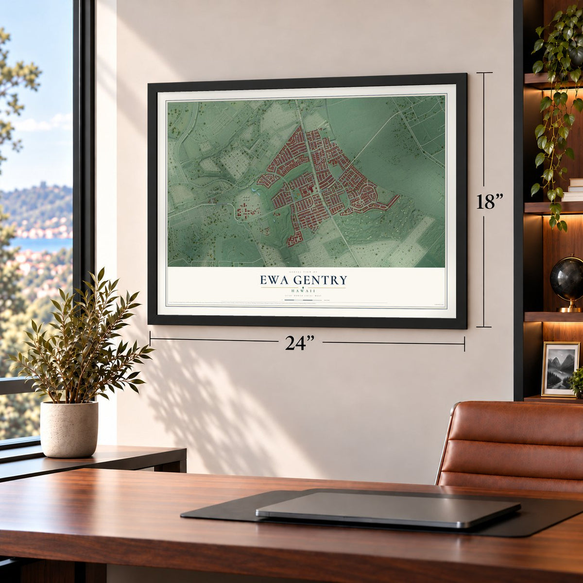 Ewa Gentry, Hawaii map, 18 x 24 inch print in a black frame in a home office