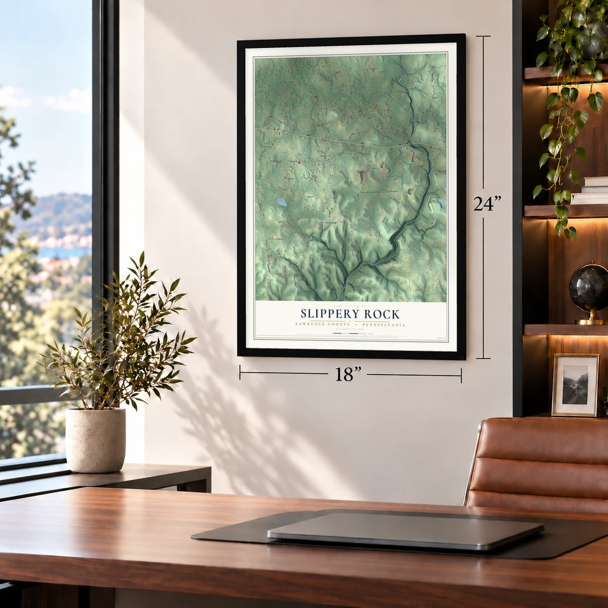 Slippery Rock, Lawrence County, Pennsylvania map, 18 x 24 inch print in a black frame in a home office