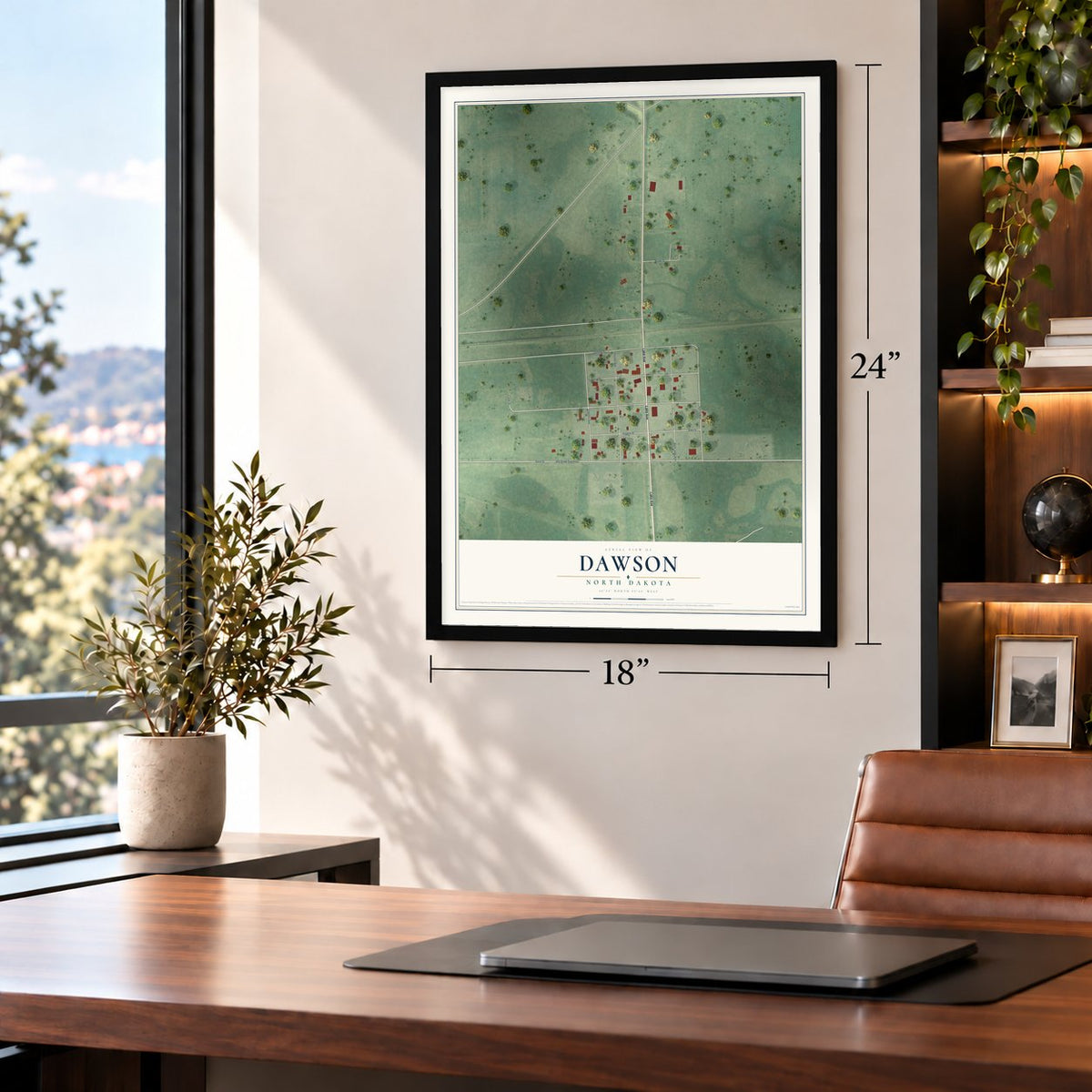 Dawson, North Dakota map, 18 x 24 inch print in a black frame in a home office