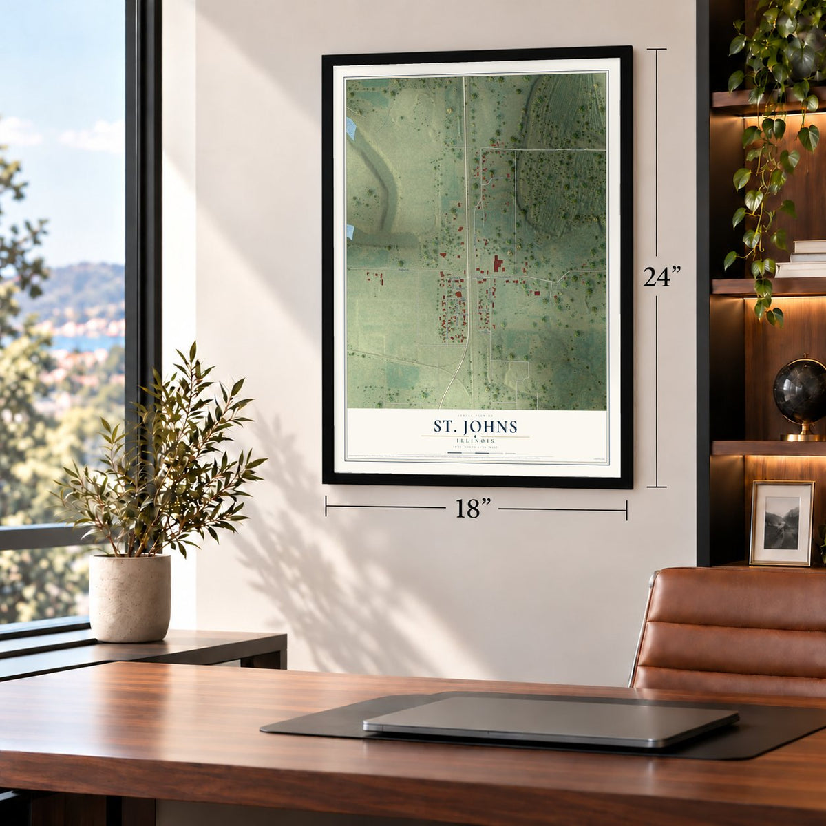 St. Johns, Illinois map, 18 x 24 inch print in a black frame in a home office