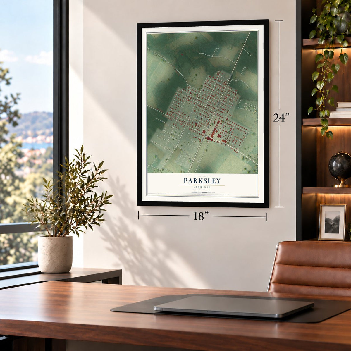 Parksley, Virginia map, 18 x 24 inch print in a black frame in a home office