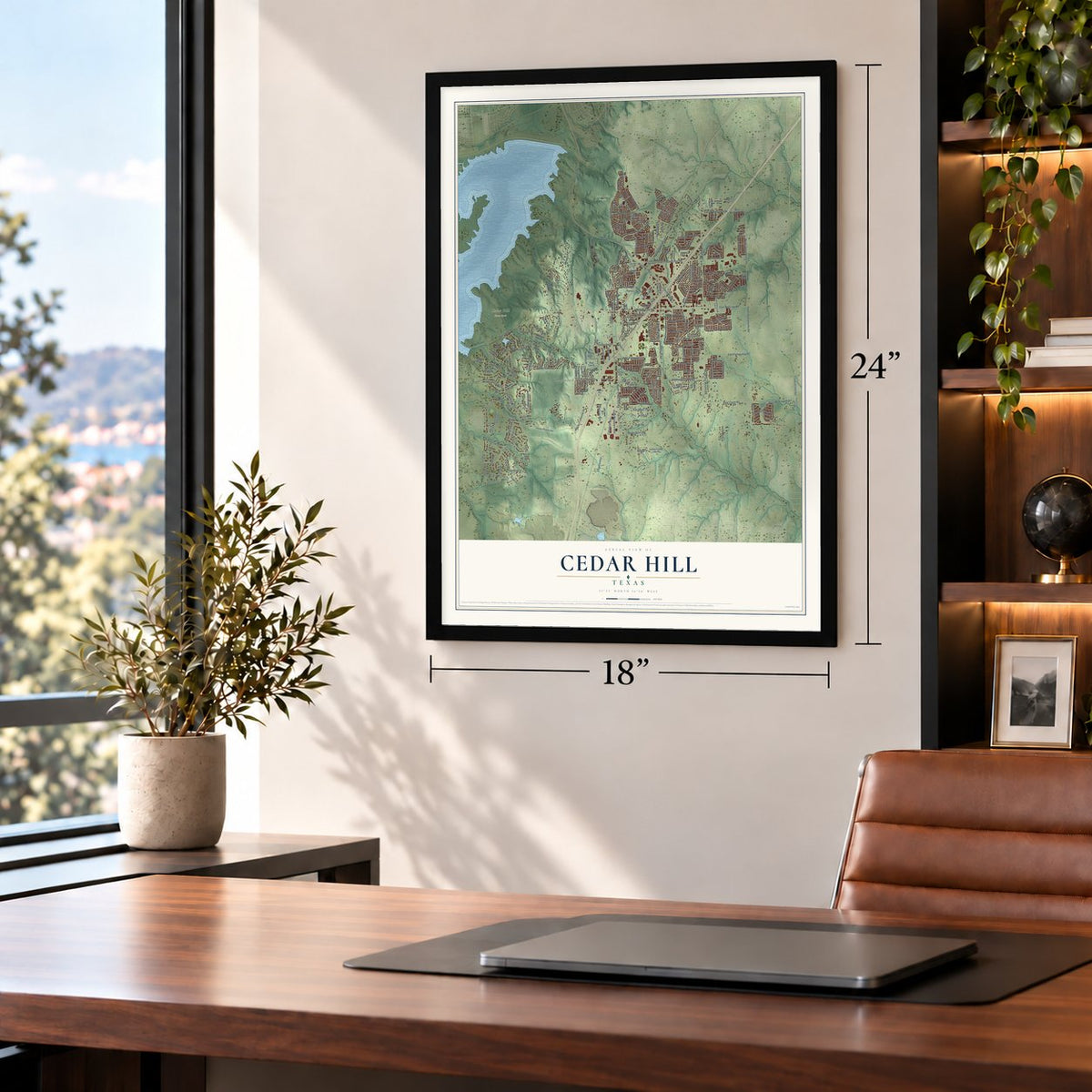 Cedar Hill, Texas map, 18 x 24 inch print in a black frame in a home office