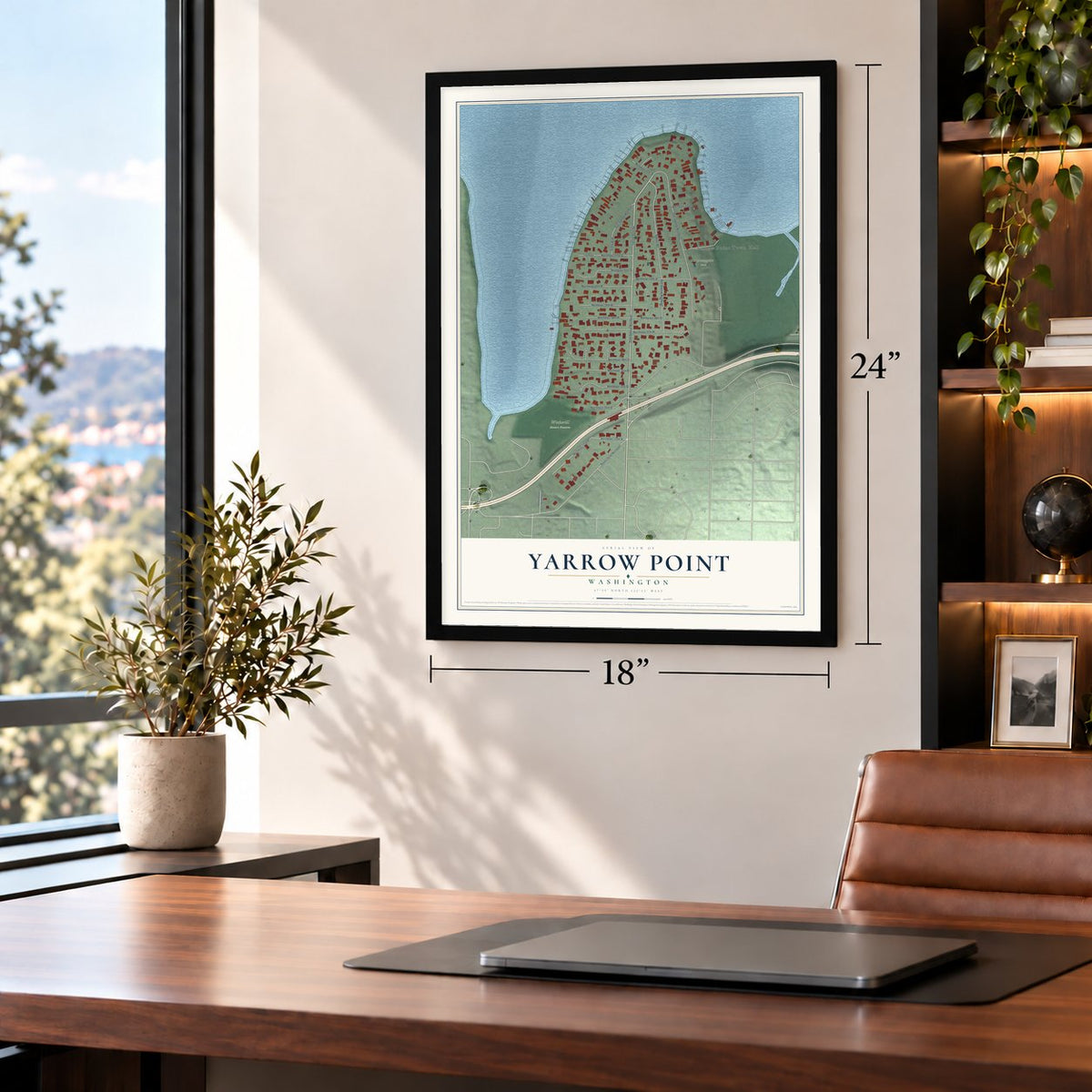 Yarrow Point, Washington map, 18 x 24 inch print in a black frame in a home office