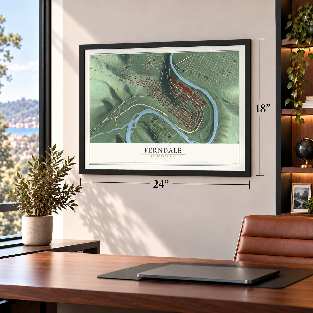 Ferndale, Pennsylvania map, 18 x 24 inch print in a black frame in a home office