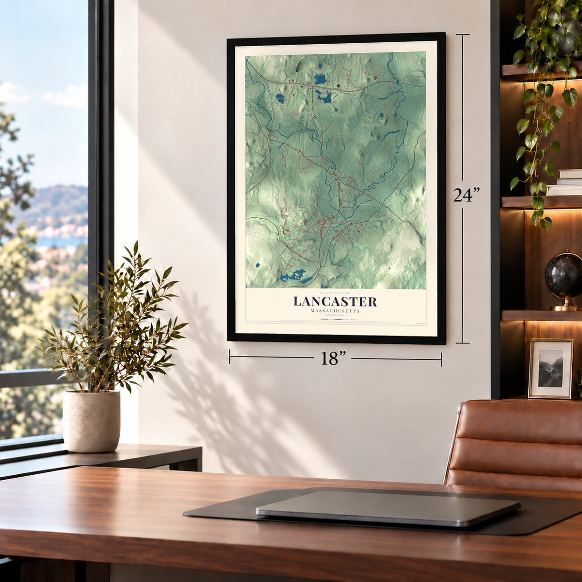 Lancaster, Massachusetts map, 18 x 24 inch print in a black frame in a home office