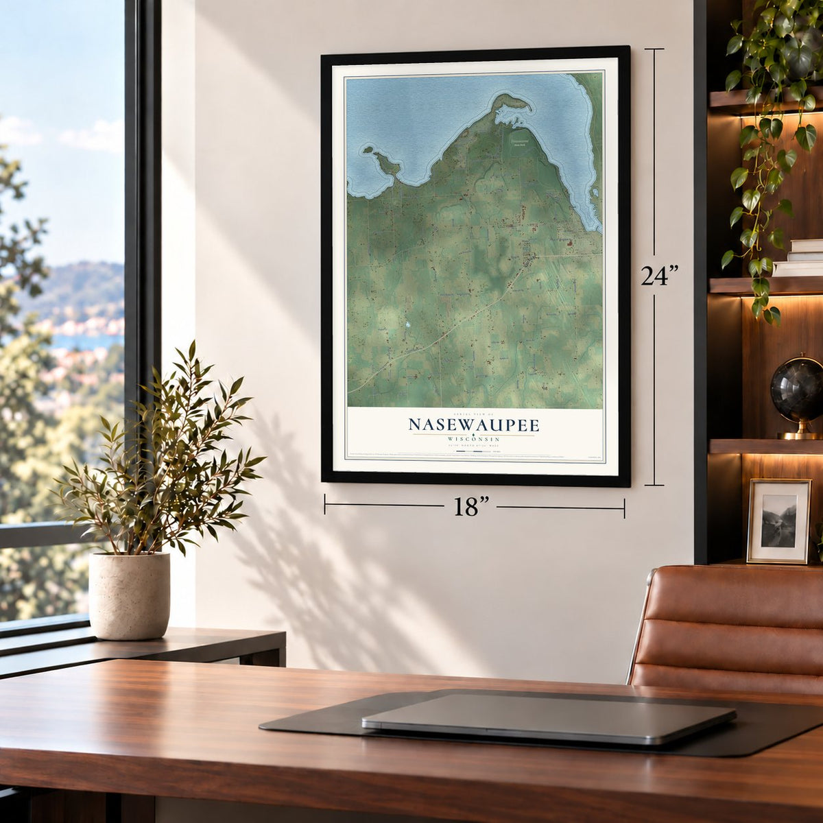 Nasewaupee, Wisconsin map, 18 x 24 inch print in a black frame in a home office