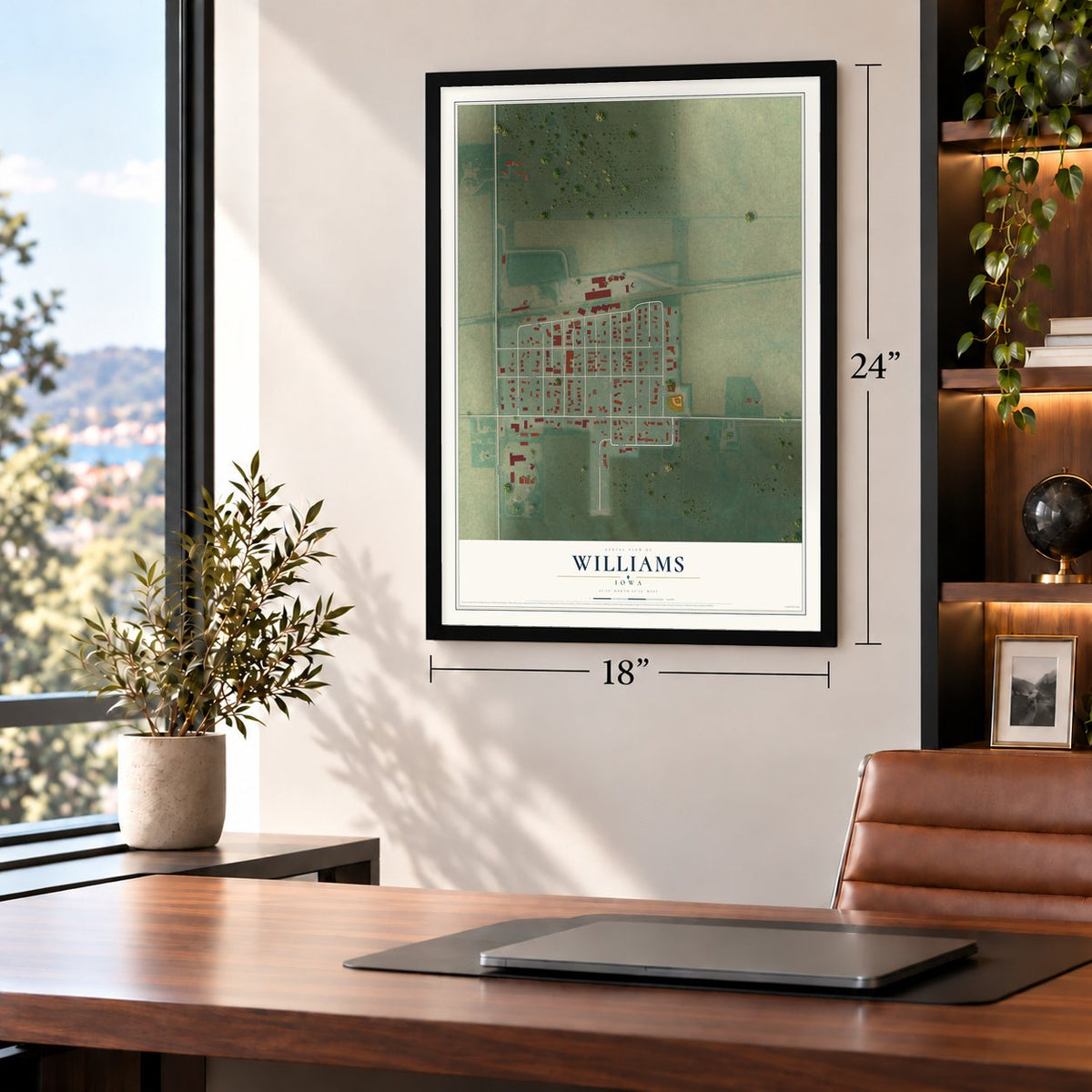 Williams, Iowa map, 18 x 24 inch print in a black frame in a home office
