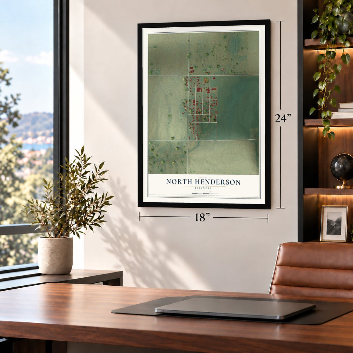 North Henderson, Illinois map, 18 x 24 inch print in a black frame in a home office