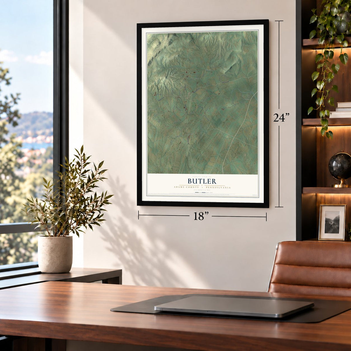 Butler, Adams County, Pennsylvania map, 18 x 24 inch print in a black frame in a home office
