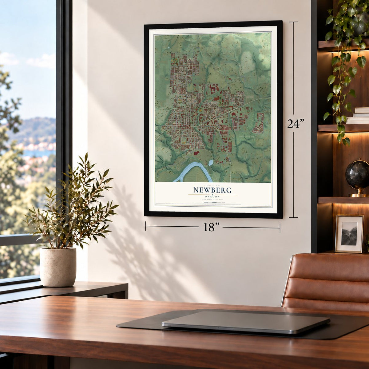Newberg, Oregon map, 18 x 24 inch print in a black frame in a home office