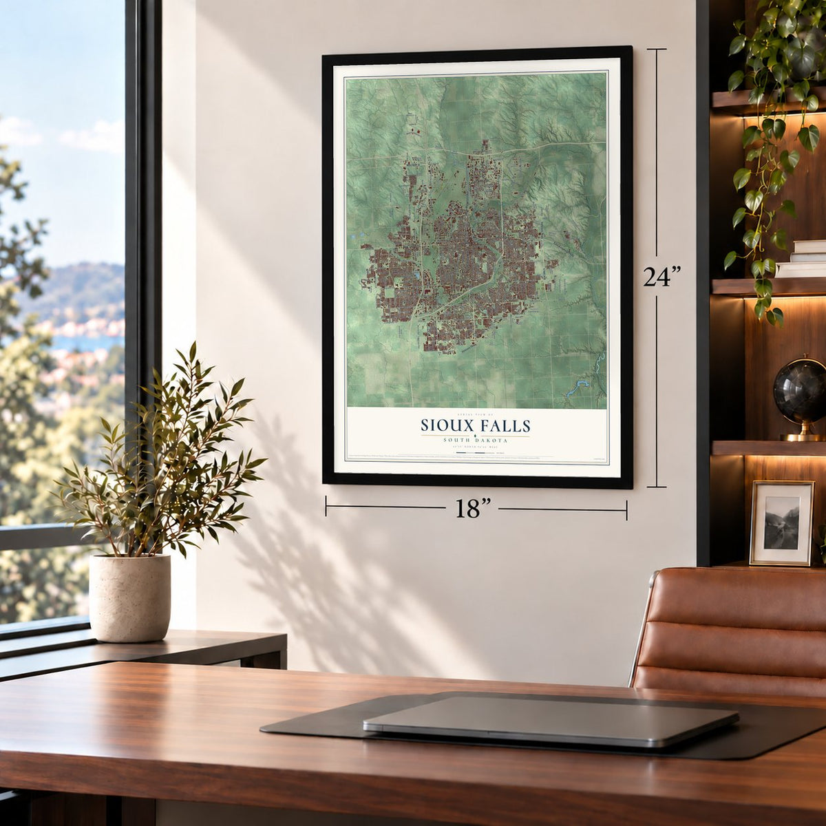 Sioux Falls, South Dakota map, 18 x 24 inch print in a black frame in a home office