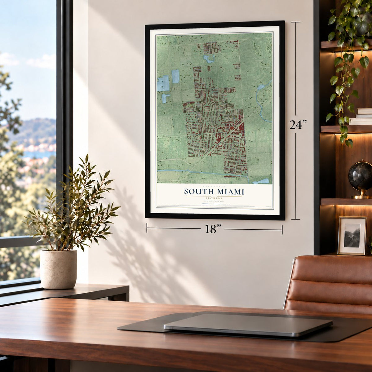 South Miami, Florida map, 18 x 24 inch print in a black frame in a home office