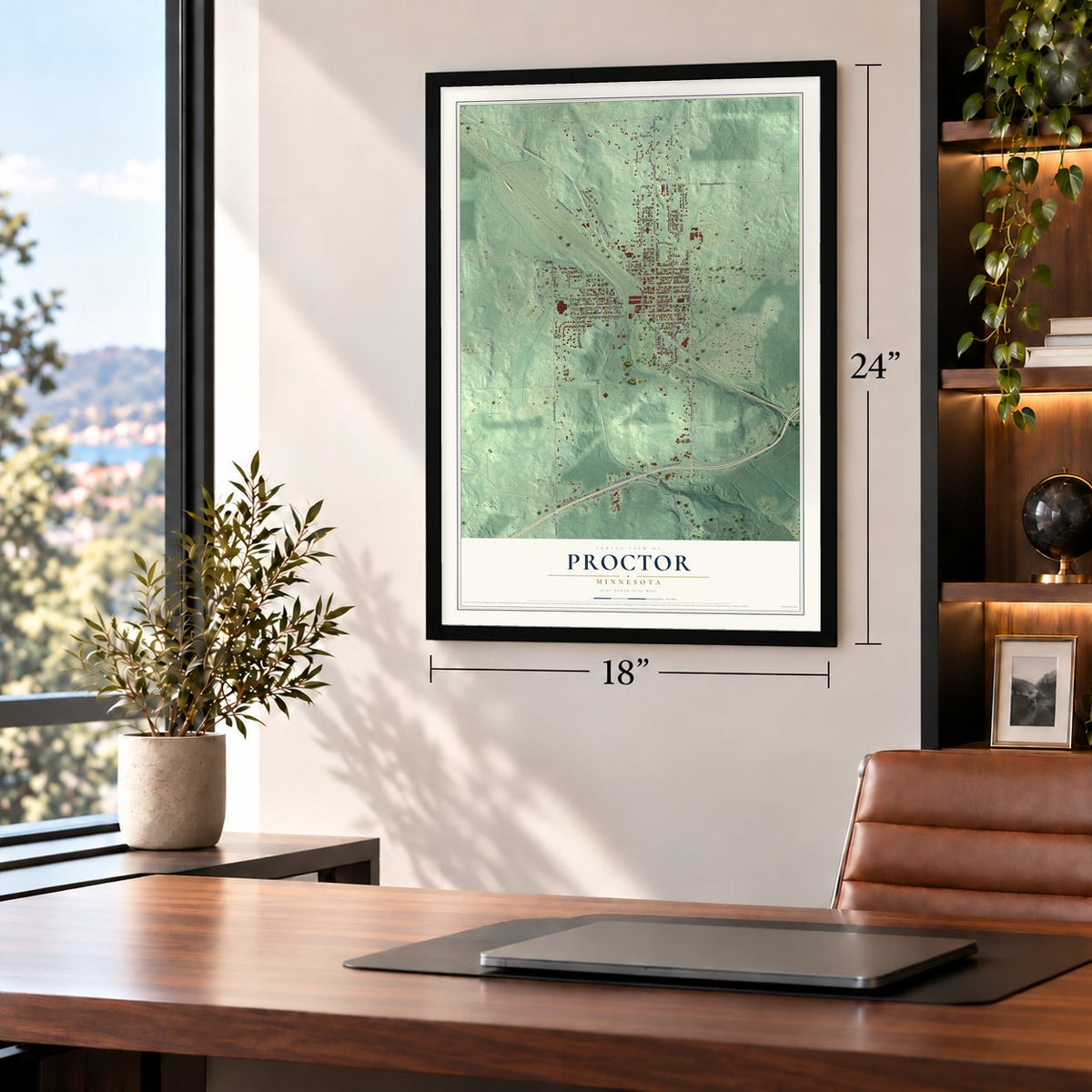 Proctor, Minnesota map, 18 x 24 inch print in a black frame in a home office