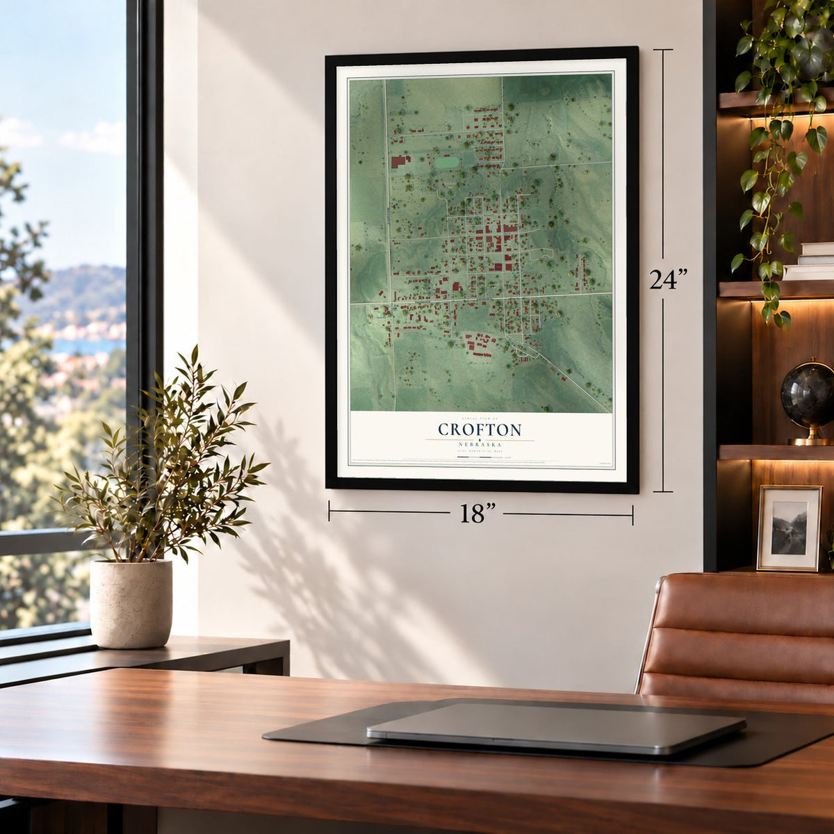 Crofton, Nebraska map, 18 x 24 inch print in a black frame in a home office