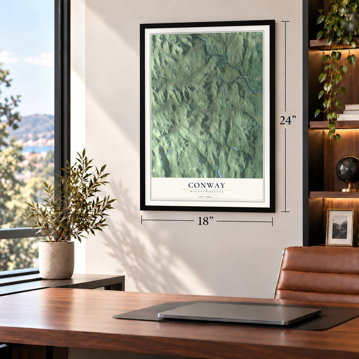 Conway, Massachusetts map, 18 x 24 inch print in a black frame in a home office