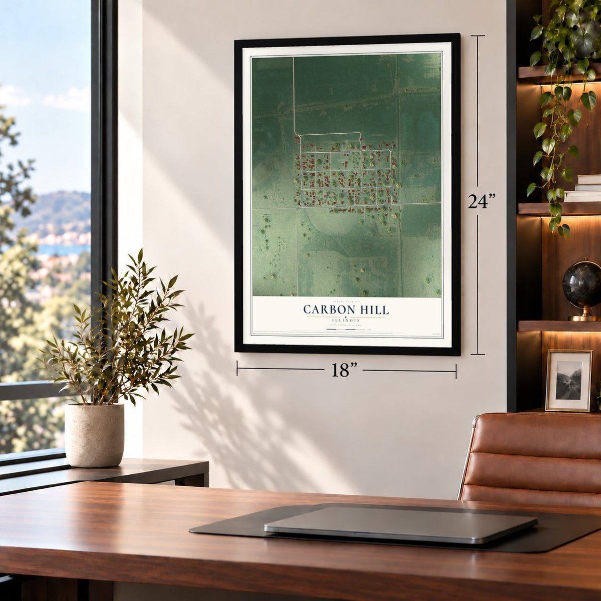 Carbon Hill, Illinois map, 18 x 24 inch print in a black frame in a home office