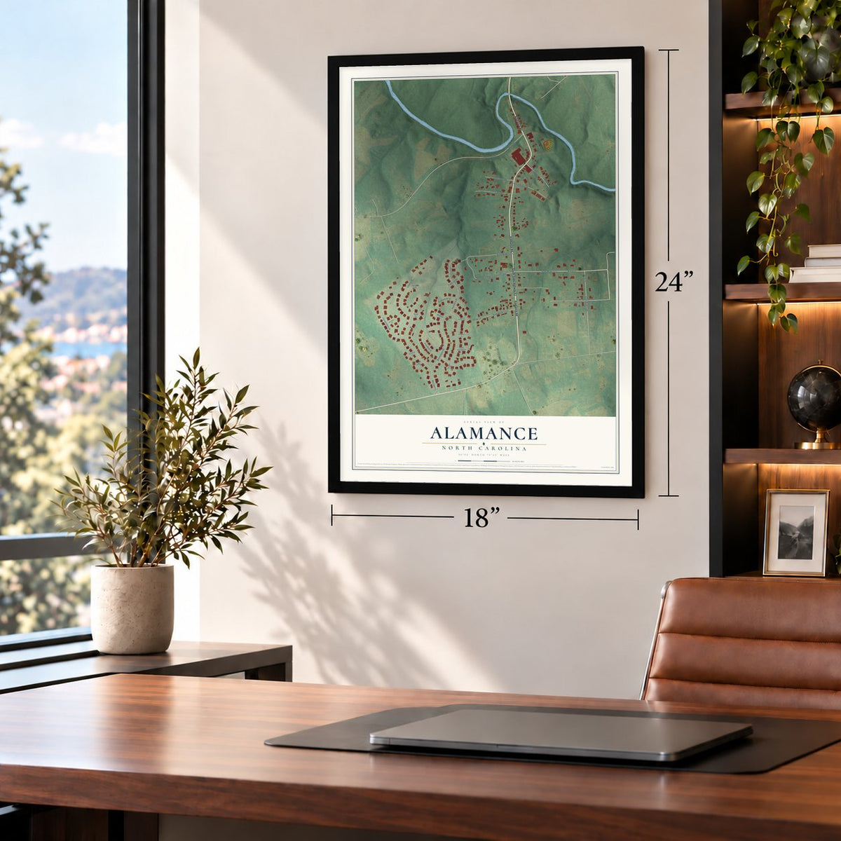 Alamance, North Carolina map, 18 x 24 inch print in a black frame in a home office