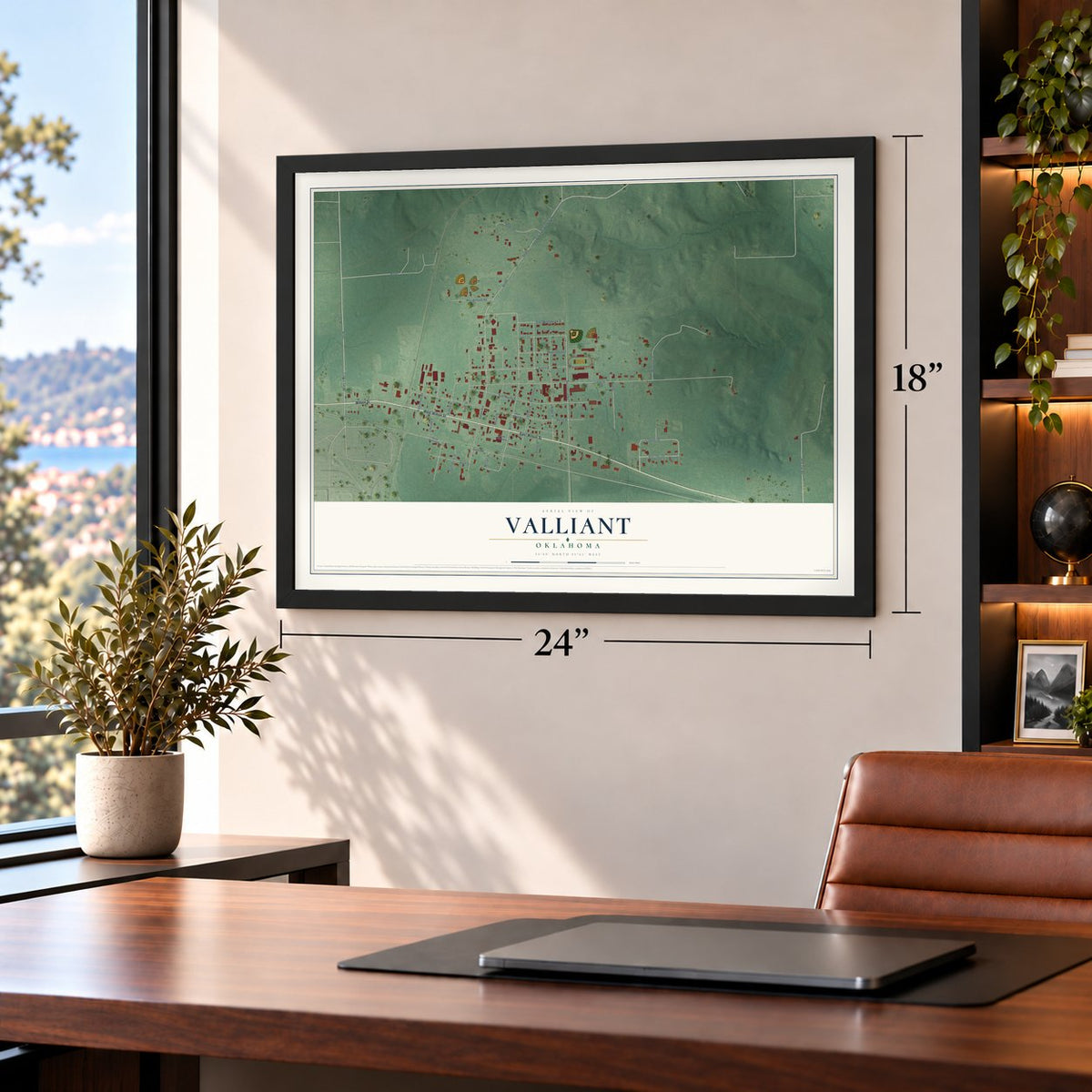 Valliant, Oklahoma map, 18 x 24 inch print in a black frame in a home office