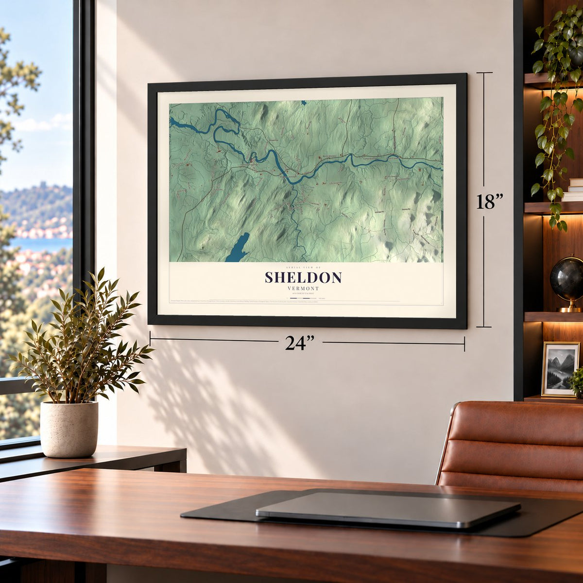 Sheldon, Vermont map, 18 x 24 inch print in a black frame in a home office