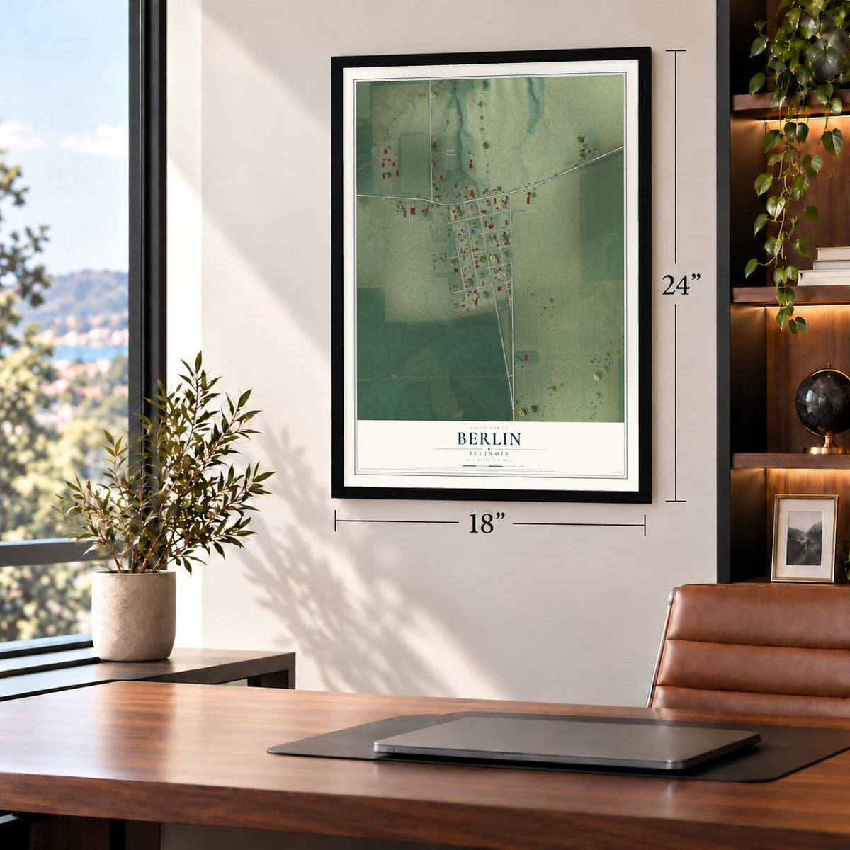 Berlin, Illinois map, 18 x 24 inch print in a black frame in a home office