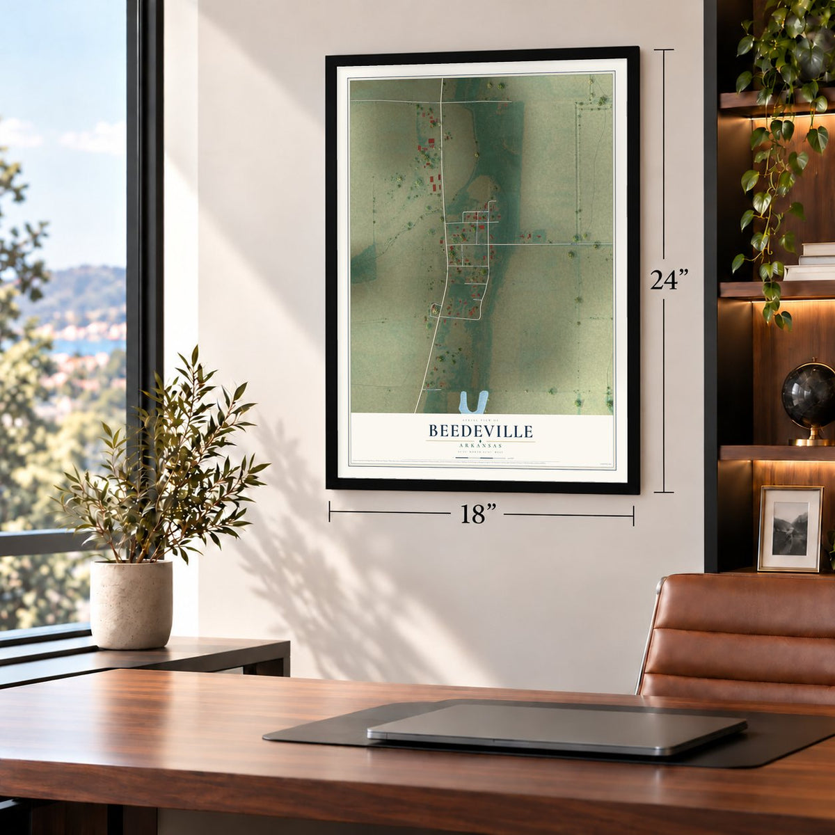 Beedeville, Arkansas map, 18 x 24 inch print in a black frame in a home office