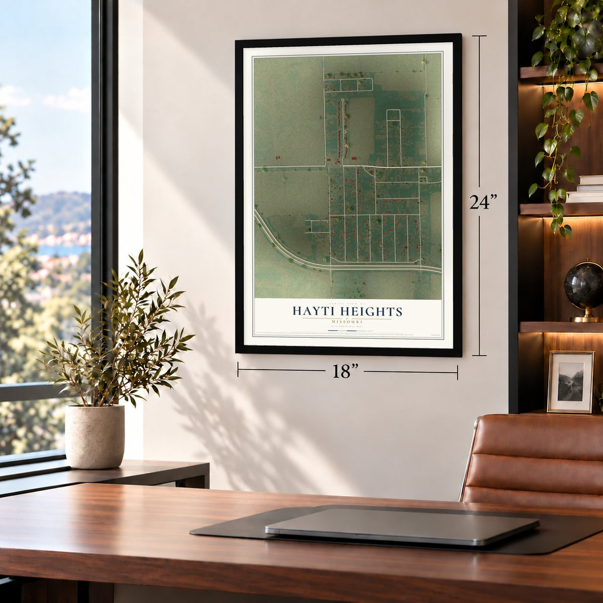 Hayti Heights, Missouri map, 18 x 24 inch print in a black frame in a home office
