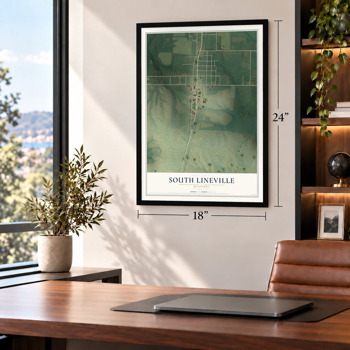South Lineville, Missouri map, 18 x 24 inch print in a black frame in a home office