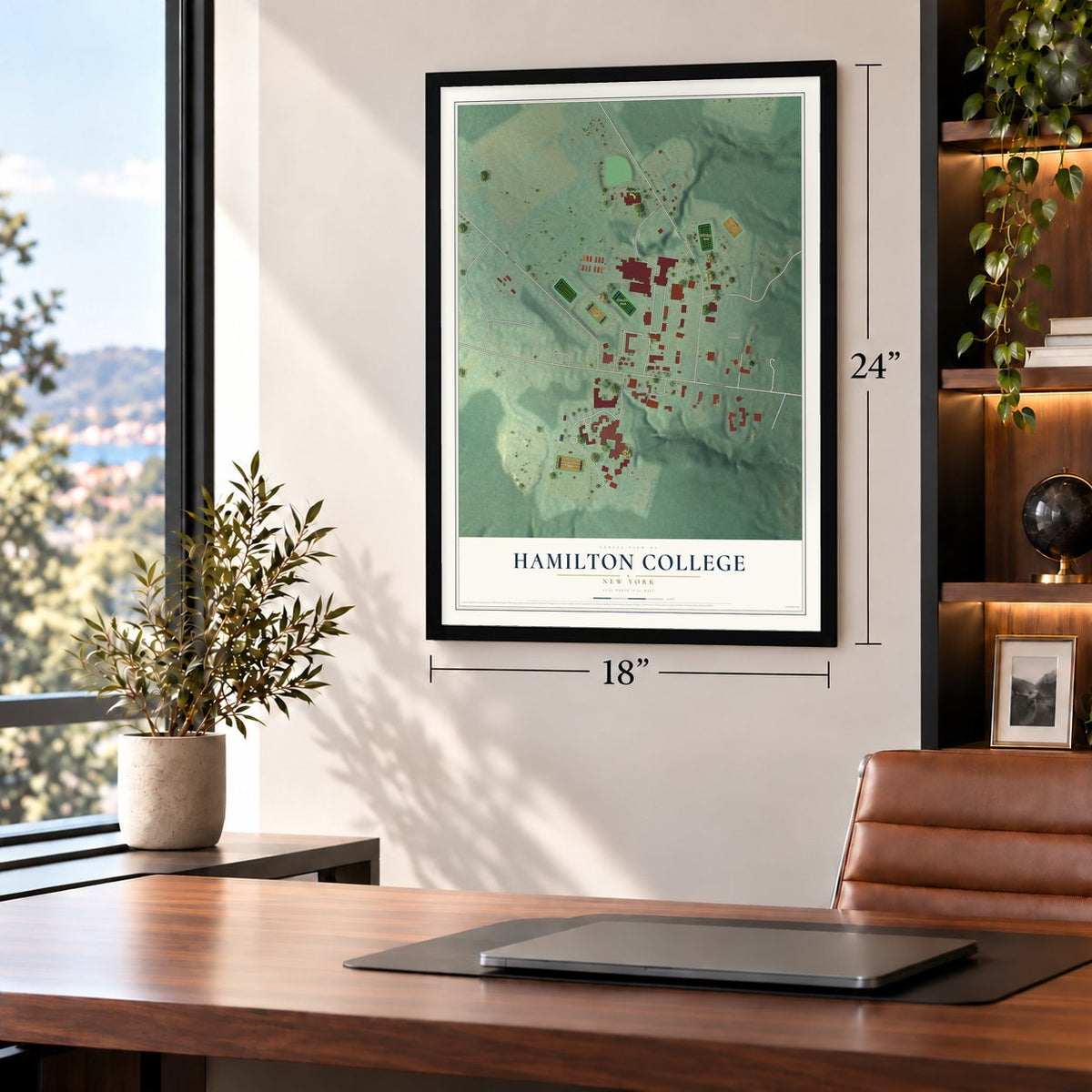 Hamilton College, New York map, 18 x 24 inch print in a black frame in a home office