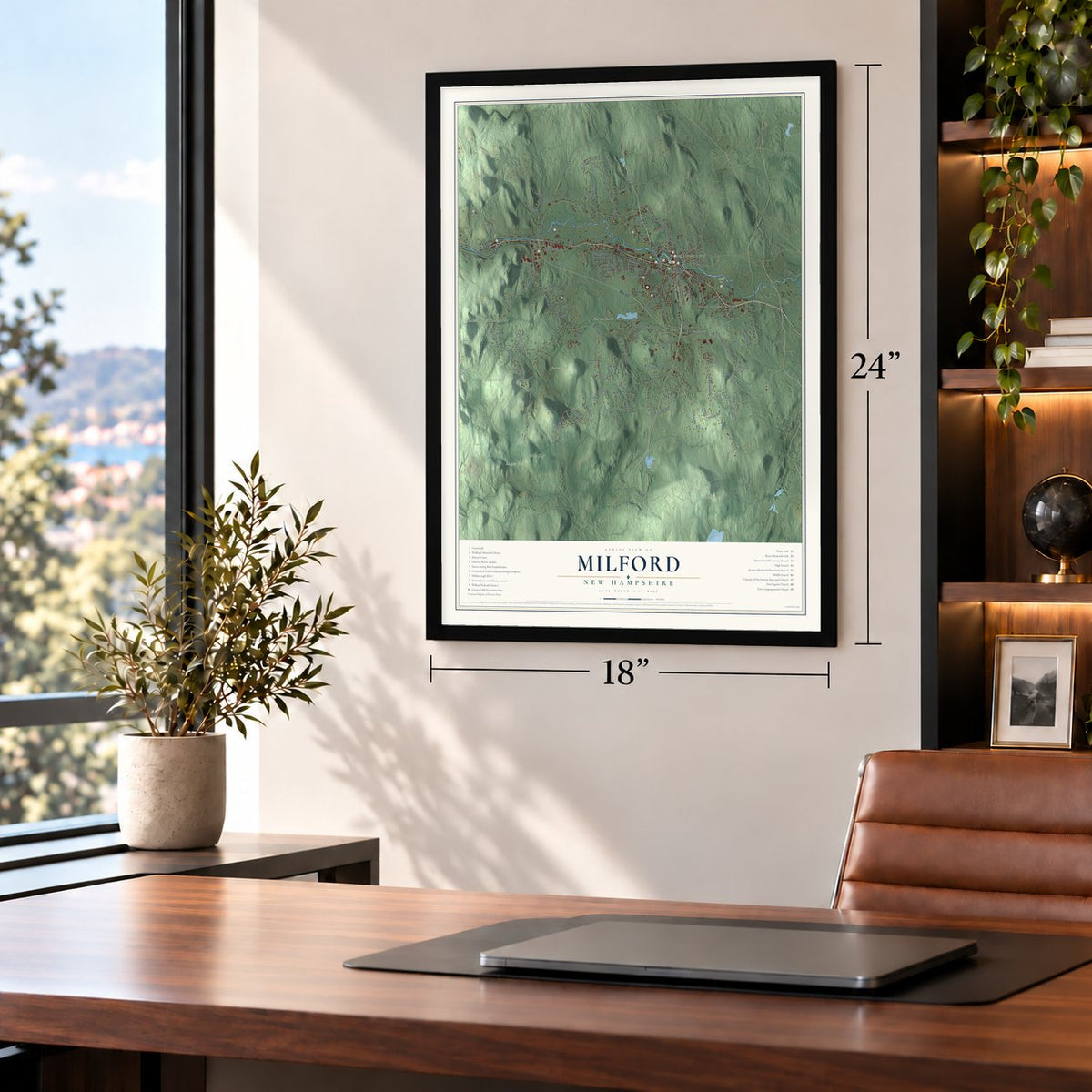 Milford, New Hampshire map, 18 x 24 inch print in a black frame in a home office