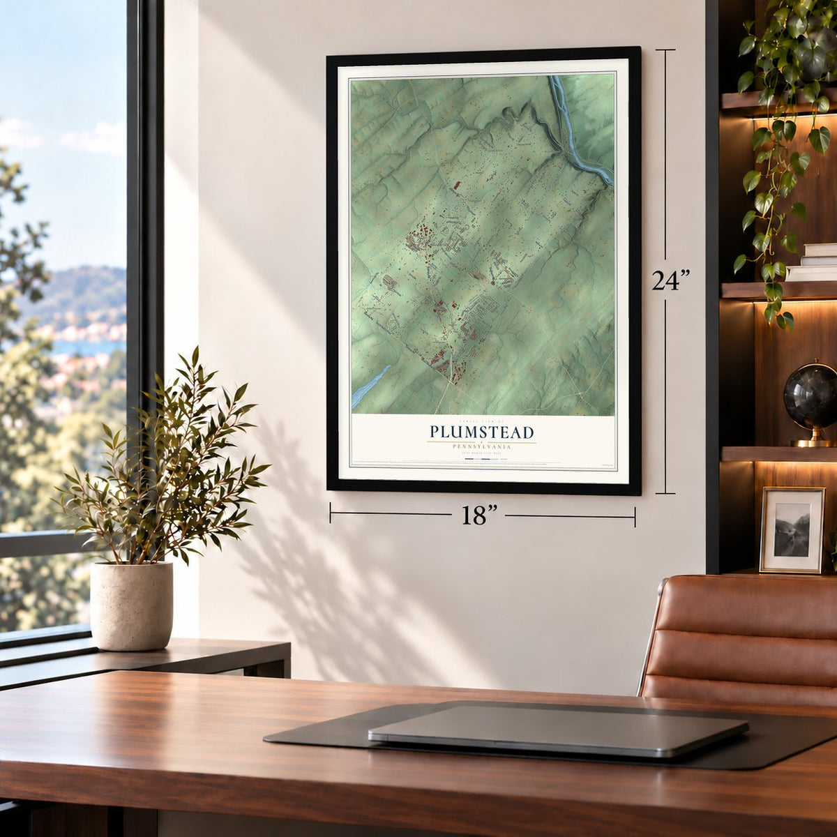Plumstead, Pennsylvania map, 18 x 24 inch print in a black frame in a home office
