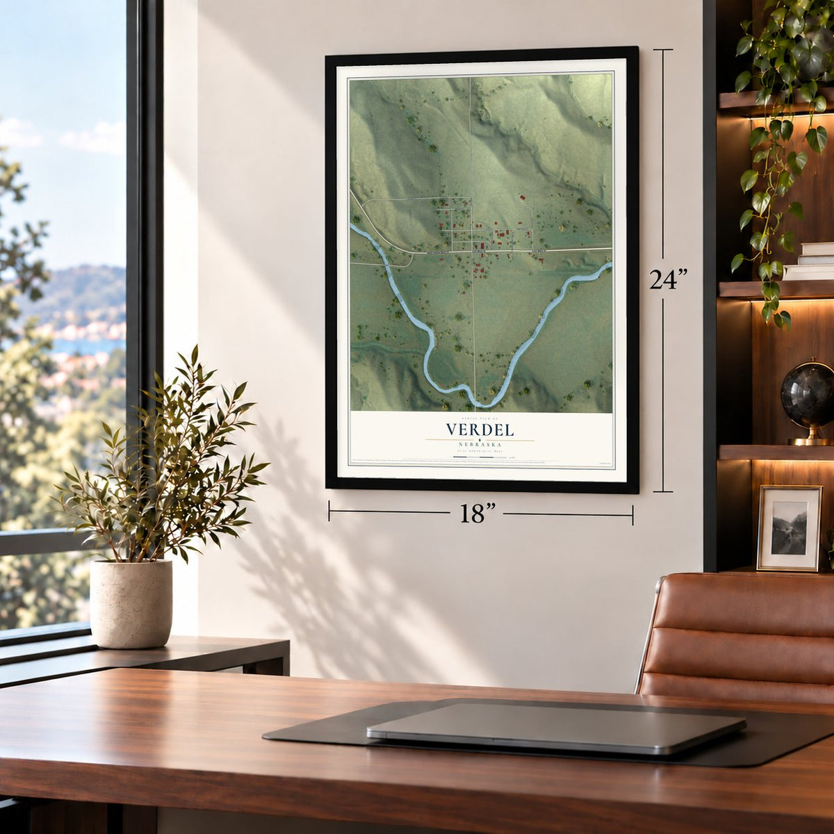Verdel, Nebraska map, 18 x 24 inch print in a black frame in a home office